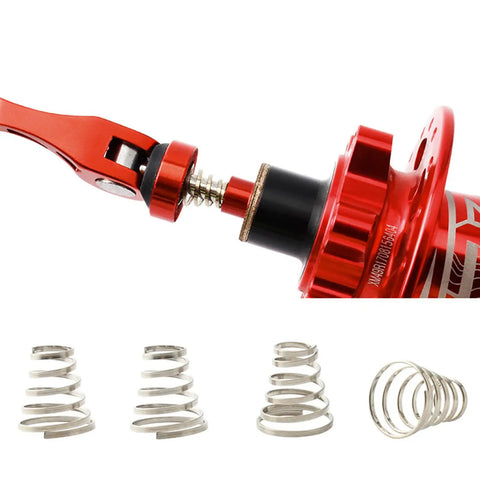 10 Pack Bike Wheel Quick Release Spring Skewers Stainless Steel Rustproof High Tension Durable Spring Pads close-up on red hub