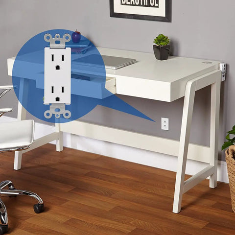 Heavy Duty 15 Amp Decorator Wall Receptacle Outlet 125V 2 Pole 3 Wire Non Tamper Resistant Residential And Commercial Use UL Listed 100 Pack With Back Push In And Side Wiring shown in home office setting