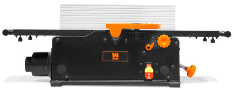 Heavy Duty 10 Amp 8 Inch Spiral Benchtop Jointer With Extendable Table And 16 Staggered Hss Blades, side view showing table and controls.