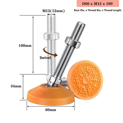 Four Swivel Adjustable Furniture Levelers With Heavy Duty Feet, Easy Install For Tables, Chairs, Shelves, Cabinets, Plant Stands, Workbenches, And More, Includes T Nuts For Leveling No Wobble On Uneven Floors. 60mm orange swivel foot, M12 x 100mm