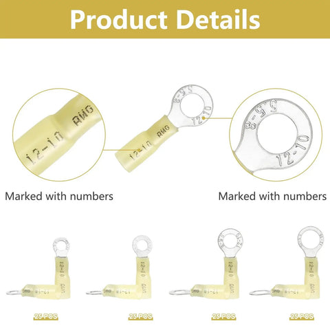 Close-up of yellow ring terminals from 100 Piece All In One Heat Shrink Ring Connectors Kit With Yellow Marine Grade Ring Terminals Including Size Ten Eyelets In One Quarter Inch Five Sixteenths Inch And Three Eighths Inch Storage Box Included For Easy Access, showing marked sizes.