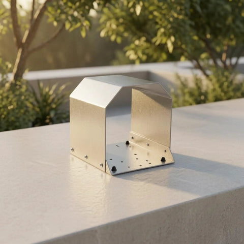 Heavy Duty Grey Foot Switch Guard Cover With Angled Hooded Shape And Textured Coating For Tight Machine Shop Spaces Durable Hardware Accessory on a table.