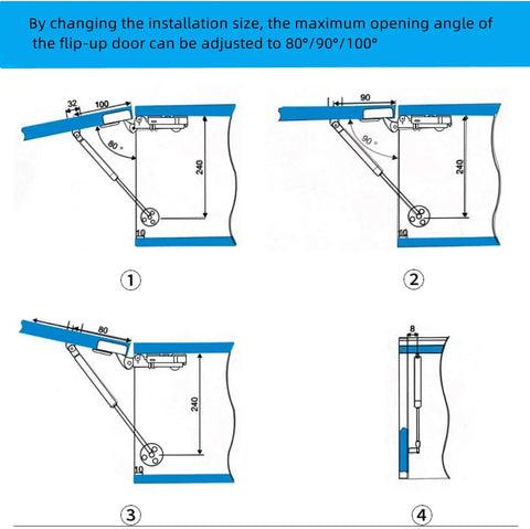 Illustration showing installation of Heavy Duty Gas Strut Cabinet Hinge Lift Support Kit with adjustable opening angles.
