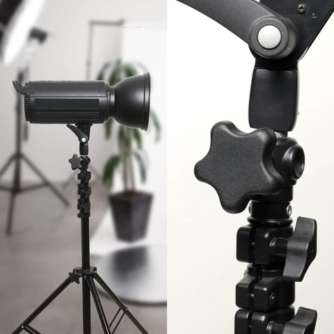 POWERTEC 5-pack 1/4-20 star knobs with 2 in studs; full light-stand view and close-up of star knob on joint