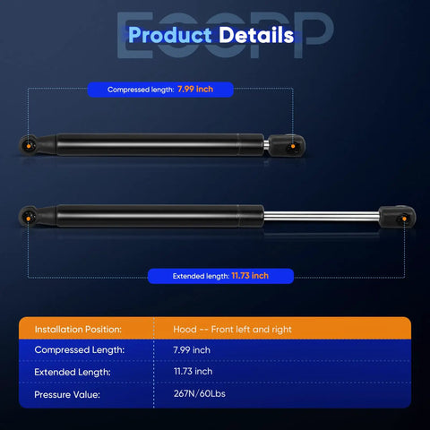 Heavy Duty Hood Gas Spring Lift Support Struts For Infiniti JX35 QX60, compressed 7.99 inch, extended 11.73 inch.
