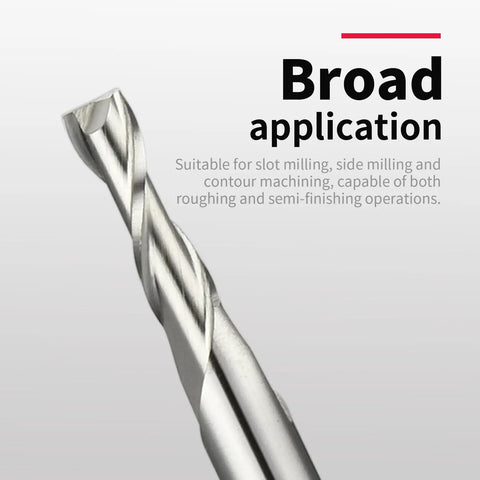 Close-up of a straight shank two flute HSS end mill showing spiral grooves, part of a Five Piece Two Flute HSS End Mill Set With Straight Shank For Small Holes And Deep Slots Includes Micro Diameters 1mm 2mm 3mm 4mm 5mm For Precise Milling And Beast Chip Evacuation.