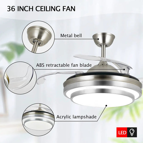 36 Inch Retractable Ceiling Fan With Lights And Remote Smart Dimmable Led Fandelier Lit, metal bell, ABS blades, acrylic lampshade
