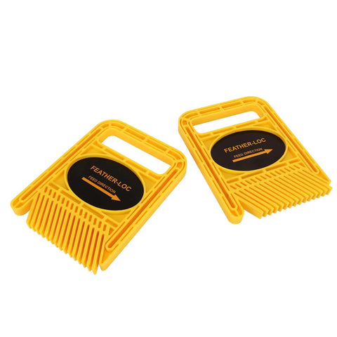 Solid Two Pack Extended Table Saw Featherboards Dead On Adjustable Fence Guard With Split Rail Miter Slot Track For No Fuss Routing And Killer Rip Cuts Daily in yellow polymer with grip handles.