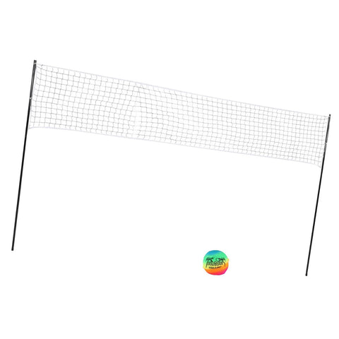 Portable Beach Volleyball Set With No Sag Net System pro grade steel poles and colorful ball on white background