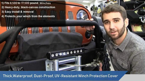 Heavy Duty Winch Cover Waterproof And Dustproof Guards Your Rig From Mud And Rain Tough 600D Oxford Fabric shown on a vehicle with winch.