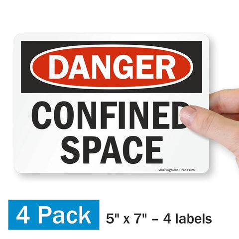 Danger Confined Space OSHA Sticker Labels 5x7 Inch 5 Mil Laminated Polyester With SuperStick Adhesive Red Black White Pack Of 4 Made In USA