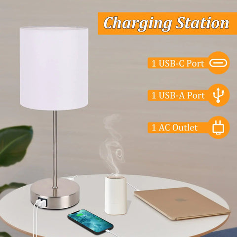 Set Of 2 Touch Control Table Lamps With USB Ports And AC Outlet, Modern Dimmable Nightstand Lamps with fabric shade and sleek design