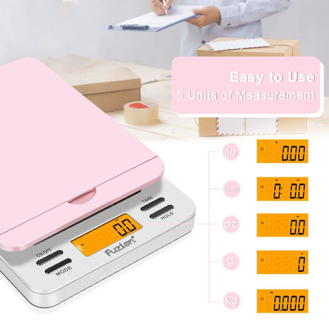 Rock Solid Digital Postal Scale For Heavy Duty Package Shipping And Dead On Precise Mail Weighing Up To 86 Pounds With Point One Oz Readout, showing digital display and pink cover.