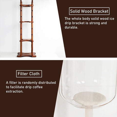 Premium Glass Cold Brew Coffee Dripper Tower With Adjustable Stainless Flow Valve And Rustic Wood Stand showing solid wood bracket and filter cloth.