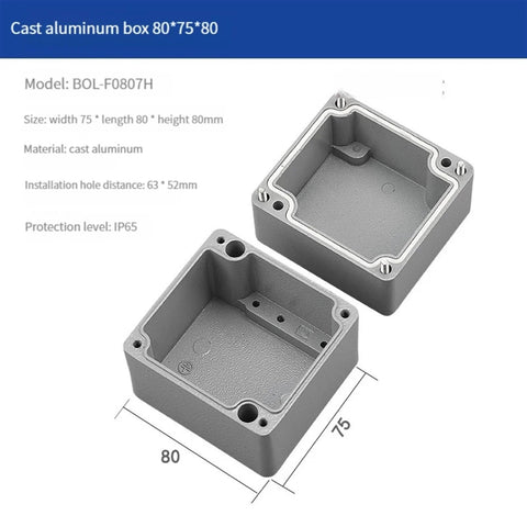 Cast aluminum IP66 outdoor junction box in gray with dimensions 80x75x80mm, suitable for rugged environments and electrical installations.