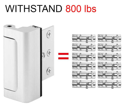 Heavy Duty Door Reinforcement Locks 2 Pack Rock Solid Night Security Backup Withstands 800 Pounds Kick Resistant White showing steel lock mechanism.