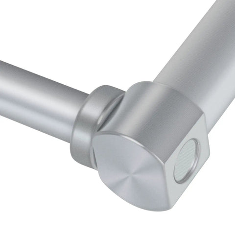 Close-up of Heavy Duty Right Front Mower Deck Gage Wheel Arm Replacement Kit with durable silver 7/8 inch shaft detail.