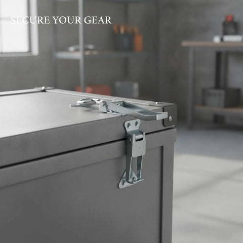 Heavy Duty Toggle Latch Clamp With High Tension Carbon Steel For Securing Tool Boxes, Gear Cases, And Industrial Enclosures To Keep Lids Shut Tight During Rough Transport And Daily Grind on closed toolbox.