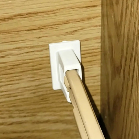 White drawer slide socket replacement for 471029 and 471037 systems rear mount drawer rail bracket installed on wood cabinet