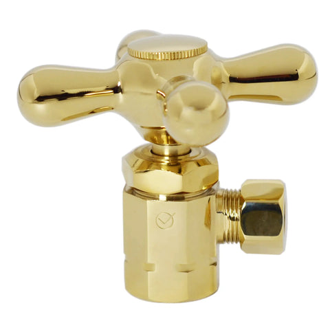 Cross Handle Compression Angle Stop Kit With Corrugated Riser Supply Line One Half Inch IPS Inlet To Three Eighth Inch OD Outlet Twenty Inch Length Polished Brass Includes Faucet And Toilet Cone Washers, showing polished brass angle stop and cross handle close-up.