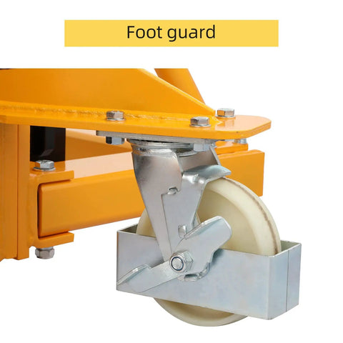 Foot guard detail of Industrial Grade 1100 Lb Hand Pallet Stacker with adjustable straddle legs and tough welded steel frame.