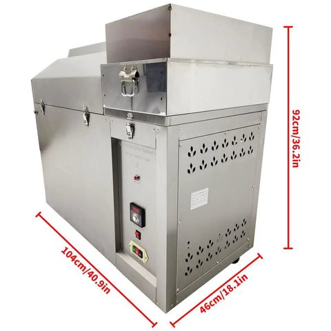 Roller Type Electric Stainless Steel Coffee Roaster, 220V 1PH, Horizontal Drum With 304 Food Grade Liner, 6kW High Power For Even Roasting side view with dimensions shown.