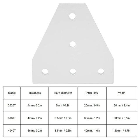 Dimensions chart and image of 4 Pack T Shape Joining Plate for Aluminum Extrusion Frames, 5 Hole Heavy Duty Corner Bracket for 2020 3030 4040 Profiles