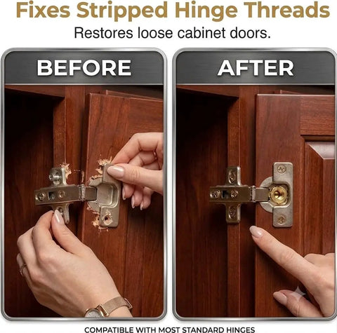 Before and after using Pro Grade Heavy Duty Door Hinge Repair Kit With 6x14mm Short Expansion Screws on wood cabinet hinge