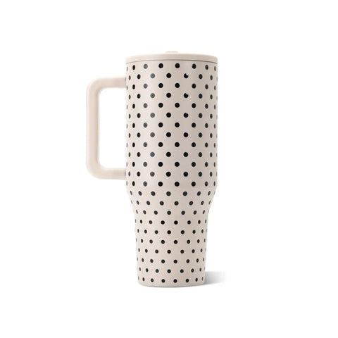 40oz Polka Dot Insulated Tumbler Featuring A Spill Proof Flip Straw And Comfort Grip Handle, shown from the side.