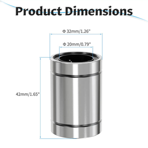 LM20UU Linear Bearing Set Four Pack 20x32x42mm Pro Grade Bearings For CNC And 3D Printer Guides Made Of Durable Steel For Smooth Motion And Easy Shaft Fit For Makers dimensions