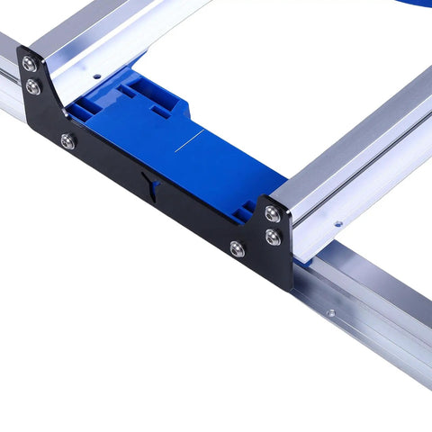 Close-up of Precise Router Sled For Flat Slab Planing, Aluminum Alloy Guide With Low Friction Slide showing blue and metal components.