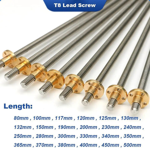 T8 Threaded Trapezoidal Lead Screw With Round Flange Copper Nut For 3D Printer DIYers And Linear Slides 8mm Thread 2mm Pitch 8mm Lead Stainless Steel 80mm To 500mm Lengths, shown with copper nuts