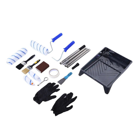 Ultimate Paint Roller Kit With Telescopic Extension Pole For Ladder Free Magic High Ceiling Covering includes brushes, gloves, and tray.