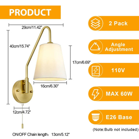 Set Of 2 Swing Arm Wall Sconces Hardwired 180 Degree Adjustable Left Right Antique Brass Fabric Lighting Vintage Farmhouse Bedroom Living Room With Pull Chain, with dimensions and features