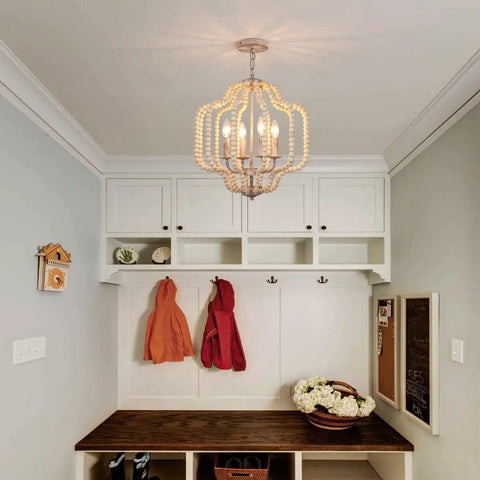 Modern Chandelier Light Fixture With Wood Beaded Boho Pendant 4 Lights Orb Design Vintage Farmhouse Ceiling Light For Entryway