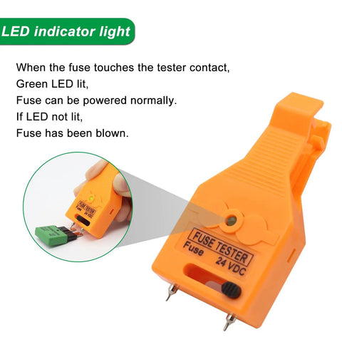 24V Car Fuse Tester And Puller Kit With LED Indicator For ATO ATC Blade And Glass Tube Fuses, Quick Pull, Pro Grade Auto Fuse Extractor For Small, Medium And Large Fuses. Orange plastic 24VDC fuse tester with LED indicator