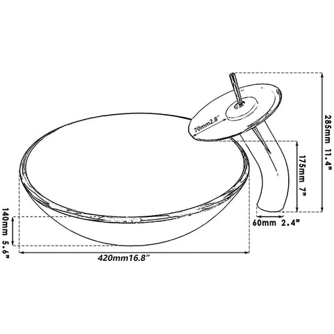 Diagram of Slick Blue Countertop Bathroom Vessel Sink With Waterfall Faucet Round Glass Vessel Sink Combo Above Counter Design.