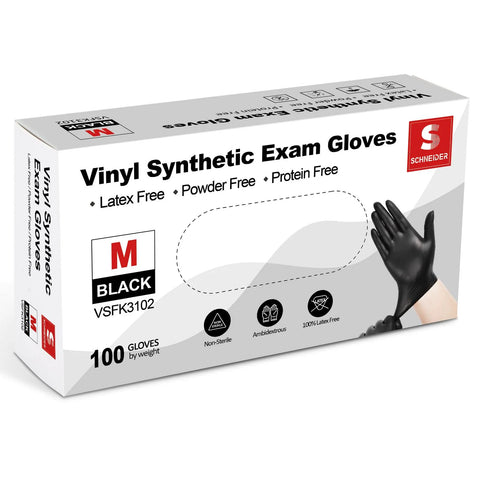 Front view of Schneider black vinyl exam gloves box, size M, 100 gloves, latex-free