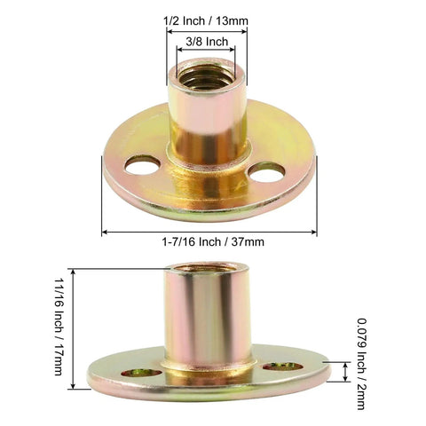12 Pack 3/8-16 Carbon Steel T Nuts With Round Base Plate Flange Insert And Female Thread For Furniture Hardware Mounting