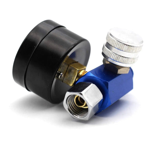 Pro Air Pressure Regulator With Gauge For Spray Paint And Pneumatic Tools quarter inch thread, black and blue metal design, adjustable knob.