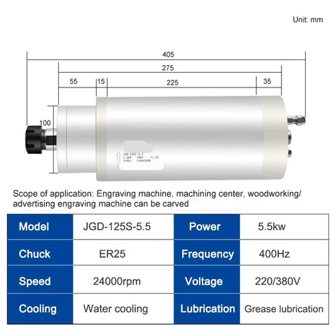 Badass 5.5kW Cnc Milling Motor Spindle Featuring Water Cooling And Er25 Chuck showing detailed specifications and dimensions.