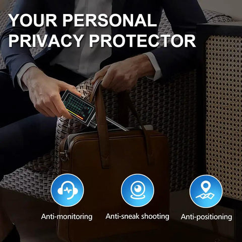 Person using Hidden Camera Detector And Bug Spy Scanner With High Sensitivity No Nonsense RF Wireless Detection Magnetic Field Scan And Infrared Laser Sweep For Hotels Offices Travel to protect privacy in office setting.