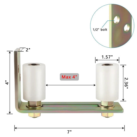 Slide Gate Guide Roller With L Post Bracket Dual Nylon Rollers For Rolling Gate And Fence Steel Bracket With Zinc Plating UHMW Nylon Rollers Precision Adjustable Up To Four Inch Gap Pack Of Two Durable Gate Hardware shown with dimensions