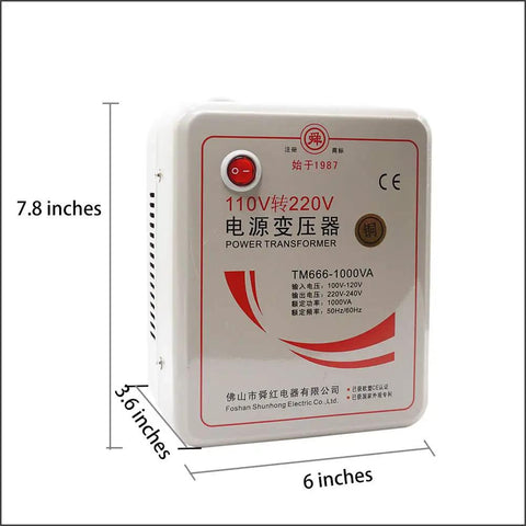 White 110V To 220V Step Up Transformer Converter 1000W Rated with dimensions, CE ISO Certified for 220V Chinese electronics use.