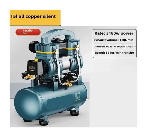 Heavy Duty Silent Air Compressor 220V Industrial Grade Oil Free Portable Unit With 15L Tank compact design with copper motor and steel tank.