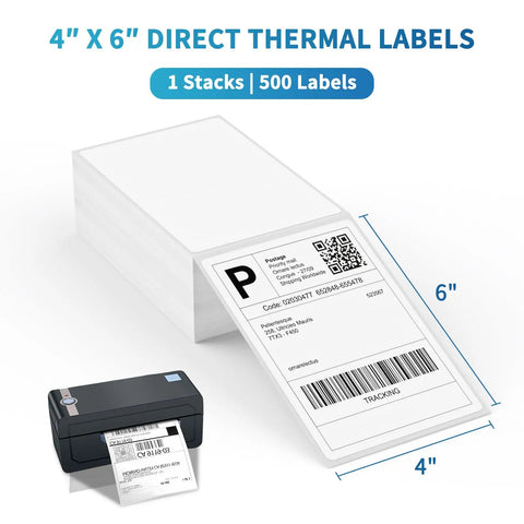 Straight Up Premium 4x6 Direct Thermal Shipping Labels Fanfold Paper With Perforated Divider Line on printer and stack.