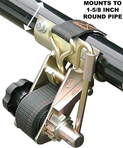 Close-up of Two Pack Rack Strap Tie Down for Ladder Racks With Round Mounting Brackets Bolt On Or Weld On Hardware Included 1 5 8 Inch Round Bracket 8 Foot Black Straps Built For Trucks And Vans mounted on round pipe.