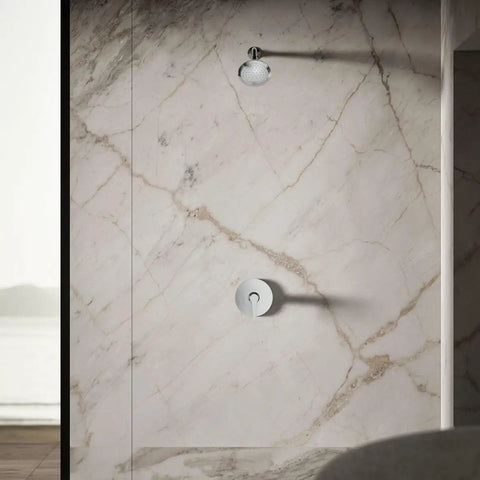 Forte 2.5 GPM Single Function Wall Mount Showerhead With Katalyst Spray 66 Nozzles Five And A Half Inch Sprayface in marble bathroom