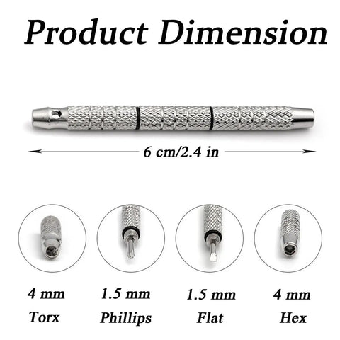 Two Pack Handy Mini Eyeglasses Screwdriver Set 4 In 1 Repair Tool with 6 cm dimension and knurled grip, featuring Torx, Phillips, Flat, Hex heads