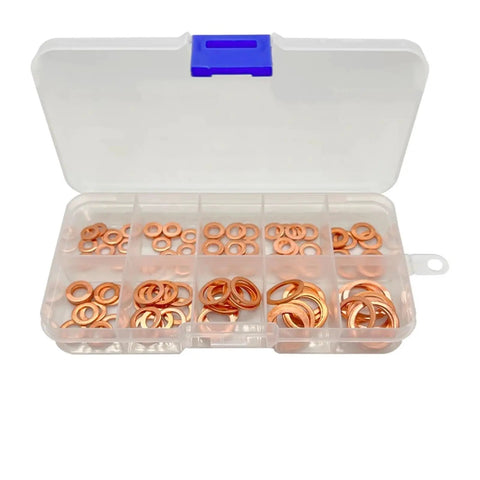Heavy Duty Flat Copper Washers 50 To 100 Pieces Gasket Kit With Nuts And Bolts For Sump Plug Auto Repair Heat Resistant Universal Fit Sealing Hardware Set For Engine Block Maintenance Legit Pro Move Copper Reliable Performance Sealant Job. Copper washers in a plastic organizer case